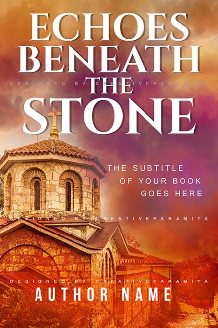 Premade book cover for a historical or gothic novel titled "Echoes Beneath the Stone," featuring an ancient stone church under a fiery sky with warm orange and gold hues, conveying mystery and timelessness.