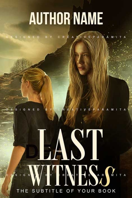Premade book cover for a suspense thriller titled "Last Witness" featuring two serious-looking women, one facing forward and the other with her back turned, set against a moody cliffside and glowing landscape.
