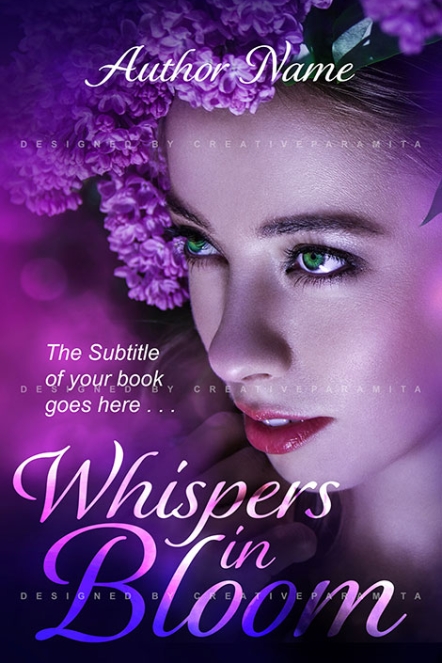 Premade book cover for a romantic novel titled "Whispers in Bloom," featuring a close-up of a woman surrounded by lilac flowers, with glowing green eyes and a dreamy purple background.