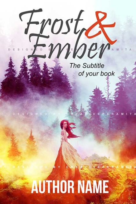 Premade fantasy romance book cover titled “Frost & Ember,” showing a red-haired woman in a flowing dress standing in a mystical forest with fiery colors on one side and icy hues on the other, symbolizing elemental contrast and magic.