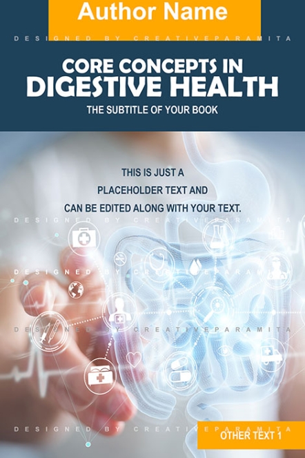 Medical-themed book cover design titled “Core Concepts in Digestive Health,” showing a digital rendering of the digestive system overlaid with clinical icons, with a doctor's hand in the background and bold text layout above.