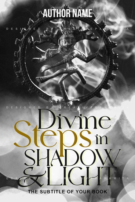 Premade book cover featuring the divine figure of Nataraja in a smoky monochrome background. The title “Divine Steps in Shadow & Light” is displayed below in elegant serif fonts with golden accents.