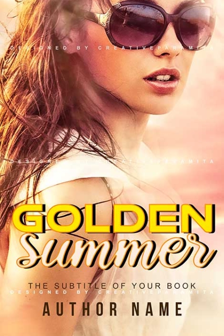 Book cover design featuring a woman in sunglasses with windblown hair, glowing in golden sunlight. The title “Golden Summer” appears in bold yellow and cursive script.