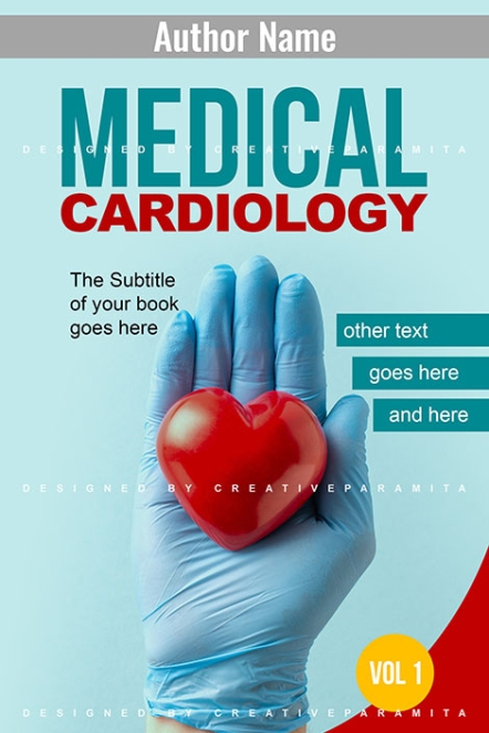 Premade book cover for a medical cardiology textbook featuring a gloved hand holding a red heart model, with clean, bold teal and red typography on a blue background.