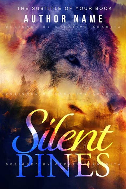 A mystical fantasy book cover featuring a majestic wolf's face blending into a moody forest landscape, designed with vibrant twilight hues and layered textures.
