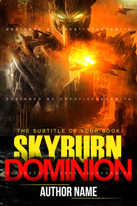 Premade sci-fi book cover titled “Skyburn Dominion” featuring a glowing-eyed alien figure in a burning, destroyed city with bold yellow and red title fonts.
