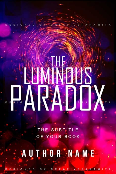 Abstract sci-fi book cover with a glowing purple-orange vortex and light bokeh effects, featuring the title “The Luminous Paradox” in modern white and outlined typography.