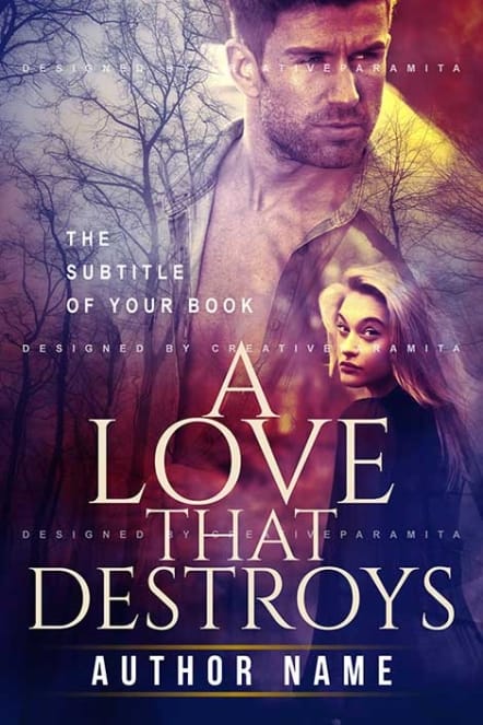 Premade book cover design for “A Love That Destroys” featuring a rugged man with a stern expression and a blonde woman in the foreground, with barren trees and dramatic lighting in purple and gold tones, symbolizing love, betrayal, and heartbreak.