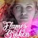 Premade book cover design featuring a grayscale portrait of a young woman with a solemn expression, surrounded by fiery bursts of pink, orange, and yellow, symbolizing heartbreak and emotional intensity. The title “Flames of a Broken Heart” is written in elegant white cursive typography.