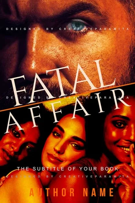 Premade book cover design for “Fatal Affair” featuring a close-up of a man’s intense blue eye in the upper half and three glamorous women smiling in the lower half, with bold diagonal typography symbolizing passion, betrayal, and suspense.
