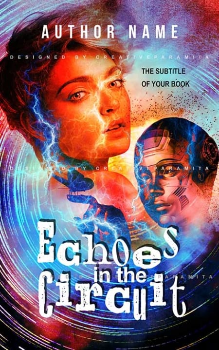 A vibrant sci-fi book cover titled “Echoes in the Circuit” featuring a woman’s illuminated face beside an android head, both surrounded by glowing blue and orange energy rings symbolizing human– robot connection.