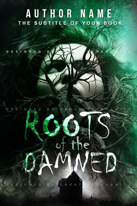 A chilling horror book cover titled “Roots of the Damned” featuring a pale woman’s face entangled in dark tree roots, set above a foggy graveyard and house, illuminated by eerie green light.