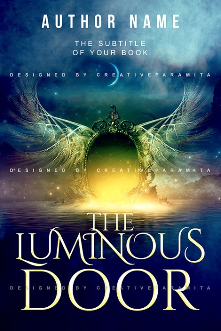 A fantasy book cover titled “The Luminous Door” featuring a glowing golden portal with wing-like designs over calm reflective water under a twilight sky with a crescent moon.
