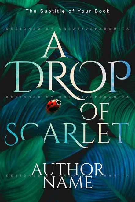 An elegant book cover titled “A Drop of Scarlet” featuring dark green leaves with a single red ladybug, symbolizing beauty, fragility, and hidden tension.