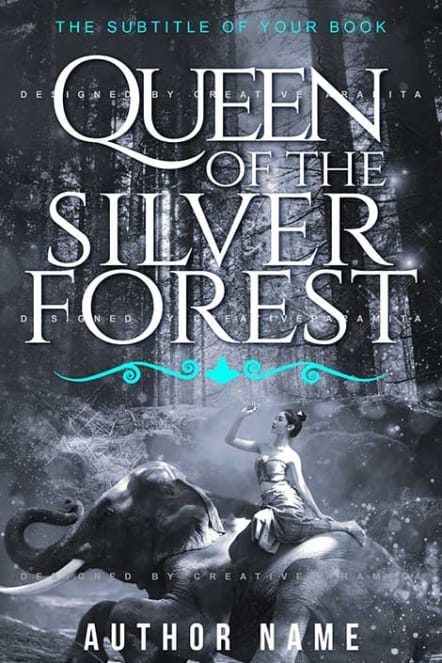 Fantasy book cover featuring a woman sitting on a majestic elephant in a glowing silver-blue forest, with sparkling mist and the title “Queen of the Silver Forest” in elegant serif typography.