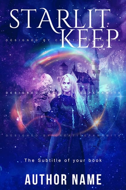 A fantasy heroine with long pale hair stands before a magical castle under a cosmic starlit sky, holding a falcon as galaxies swirl around her.