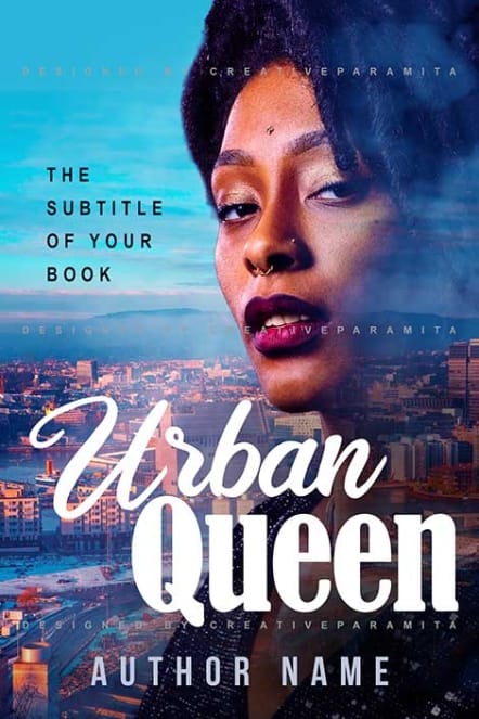 A confident woman with bold makeup stands against a glowing modern city skyline, bathed in blue and purple tones, creating a strong urban and empowering atmosphere.