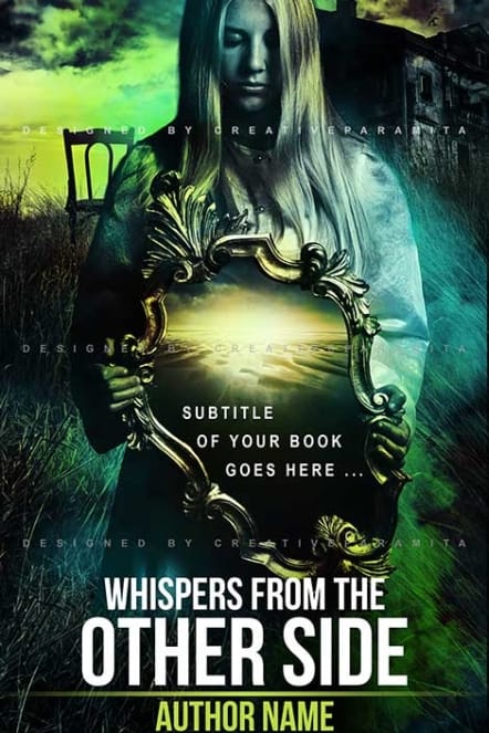 Book cover showing a ghostly woman holding an ornate golden mirror that reflects a glowing otherworldly landscape, with an abandoned house and eerie green-blue lighting in the background.