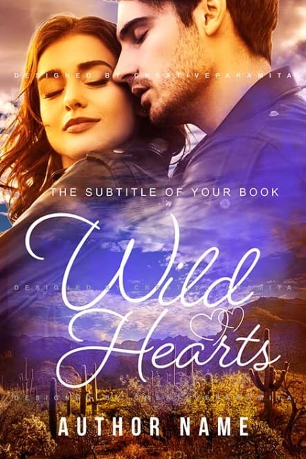 A romantic book cover showing a man and woman embracing lovingly against a warm sunset desert landscape, with soft lighting and elegant script typography reading “Wild Hearts.”