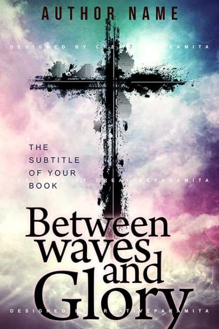 Inspirational book cover featuring an abstract black cross against a cloudy sky in soft blue, purple, and pastel tones.