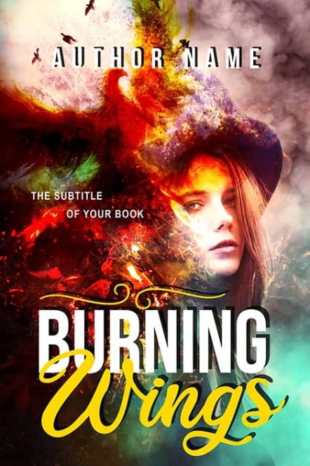 Fantasy book cover showing a woman’s face merging with fiery phoenix wings and swirling flames in red, gold, and teal tones.