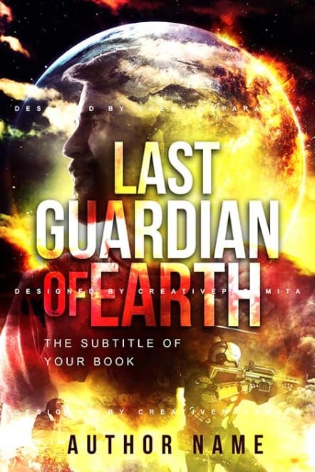 Science fiction book cover featuring a burning Earth, a heroic human profile, and a futuristic soldier, symbolizing humanity’s last stand
