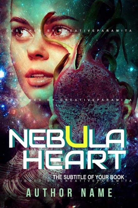 Sci-fi book cover featuring a woman’s face merging with an alien organic heart, surrounded by glowing nebula colors and cosmic light.