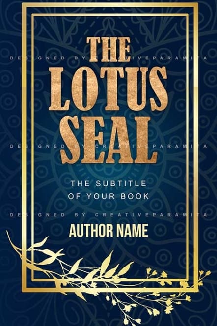 Elegant book cover with gold serif title ‘The Lotus Seal’ framed in gold on a dark blue patterned background with decorative leaves