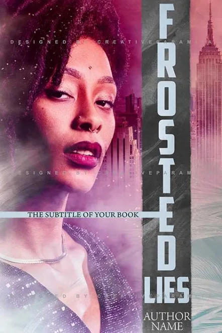 Modern urban fiction book cover titled “Frosted Lies” featuring a stylish woman’s portrait against a misty city skyline in cool pink and blue tones.
