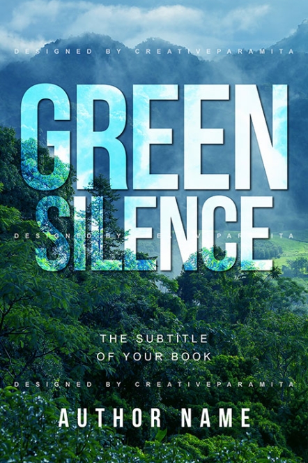 Premade book cover titled “Green Silence” featuring a misty green forest with dense foliage and mountains in the background, bold modern typography, and a calm, atmospheric nature-inspired design.
