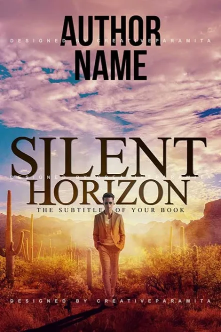 Book cover titled “Silent Horizon” featuring a lone person walking through a desert landscape at sunset with cacti and a glowing sky.