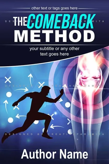 Nonfiction book cover titled “The Comeback Method” featuring a running silhouette, directional strategy arrows, and a highlighted knee joint on a blue background.